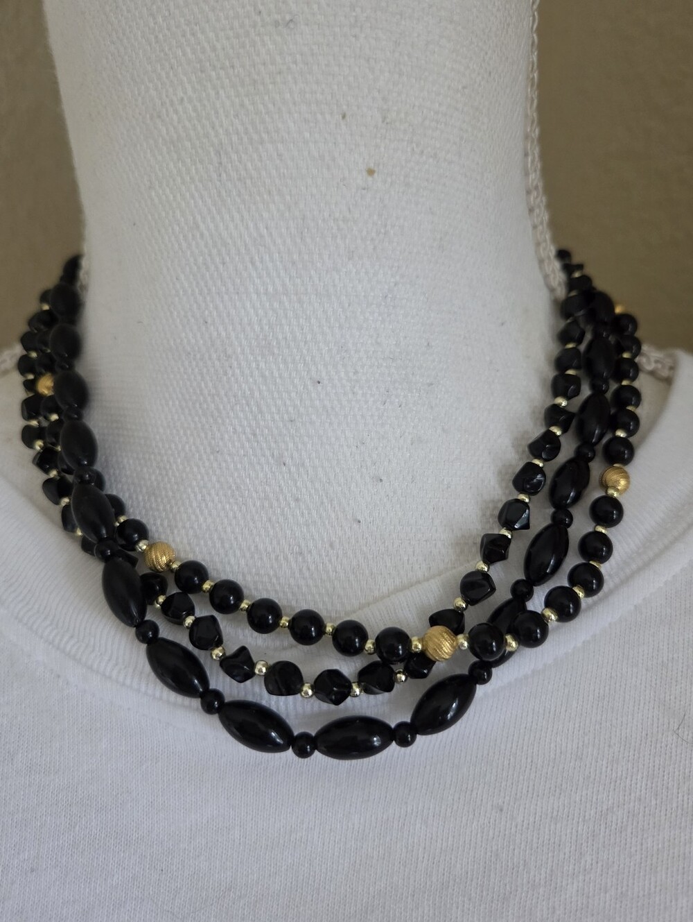 vintage 3 strand black bead choker necklace textured gold beads retro tiered
